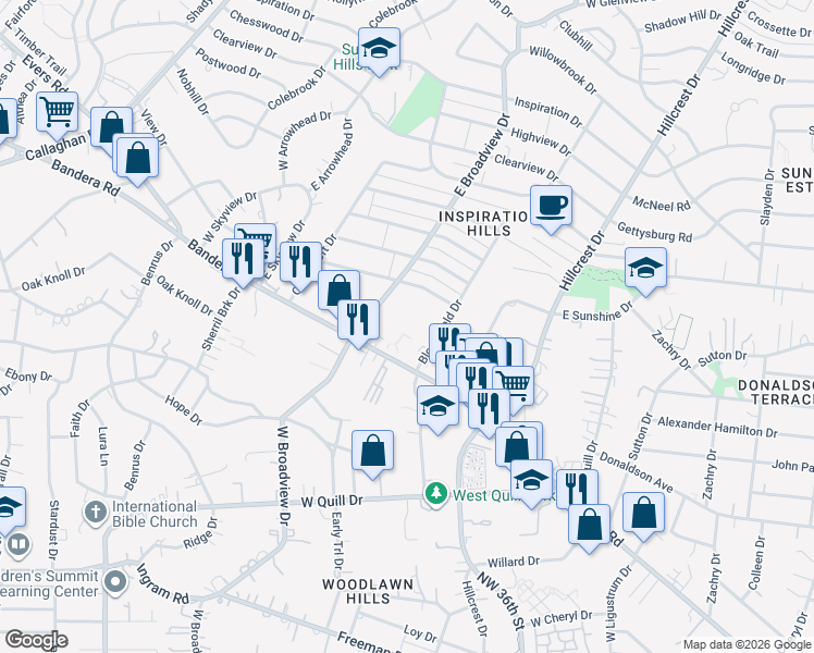 map of restaurants, bars, coffee shops, grocery stores, and more near 1842 Bandera Road in San Antonio
