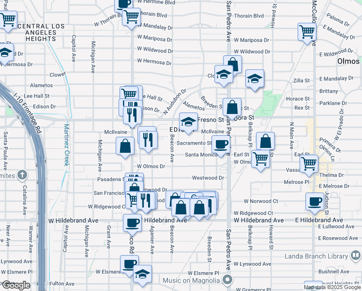 map of restaurants, bars, coffee shops, grocery stores, and more near 642 Sacramento Street in San Antonio
