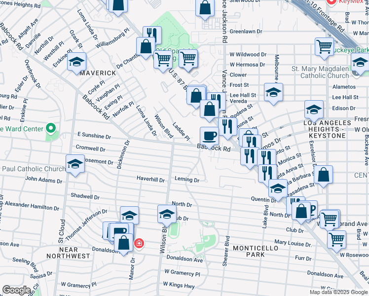 map of restaurants, bars, coffee shops, grocery stores, and more near 19 Cromwell Drive in San Antonio