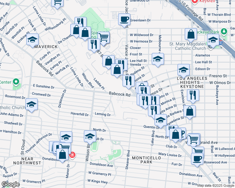 map of restaurants, bars, coffee shops, grocery stores, and more near 153 Babcock Road in San Antonio
