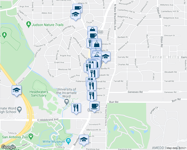 map of restaurants, bars, coffee shops, grocery stores, and more near Broadway St & Elizabeth Rd in Alamo Heights