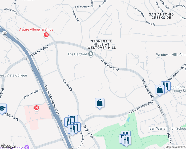 map of restaurants, bars, coffee shops, grocery stores, and more near 10000 Rogers Run in San Antonio