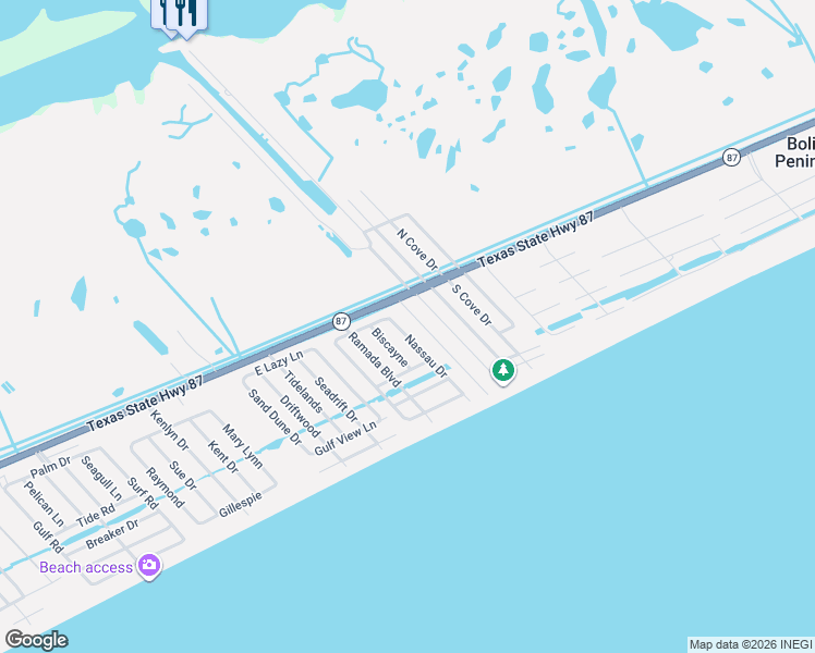 map of restaurants, bars, coffee shops, grocery stores, and more near 983 Nassau Drive in Bolivar Peninsula