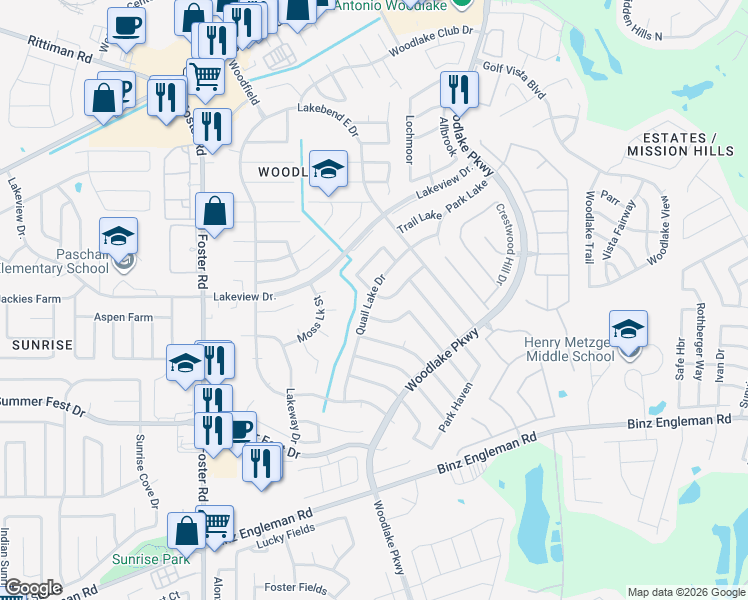 map of restaurants, bars, coffee shops, grocery stores, and more near 5226 Pond Lake Drive in San Antonio