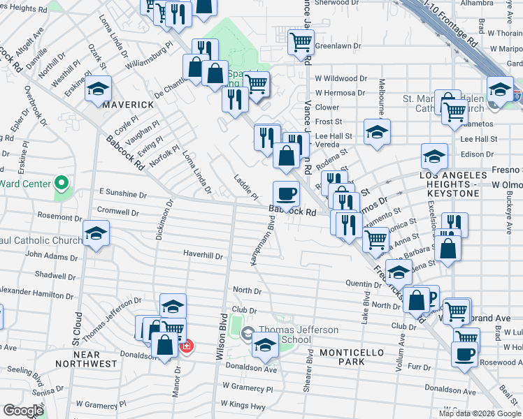 map of restaurants, bars, coffee shops, grocery stores, and more near 19 Cromwell Drive in San Antonio