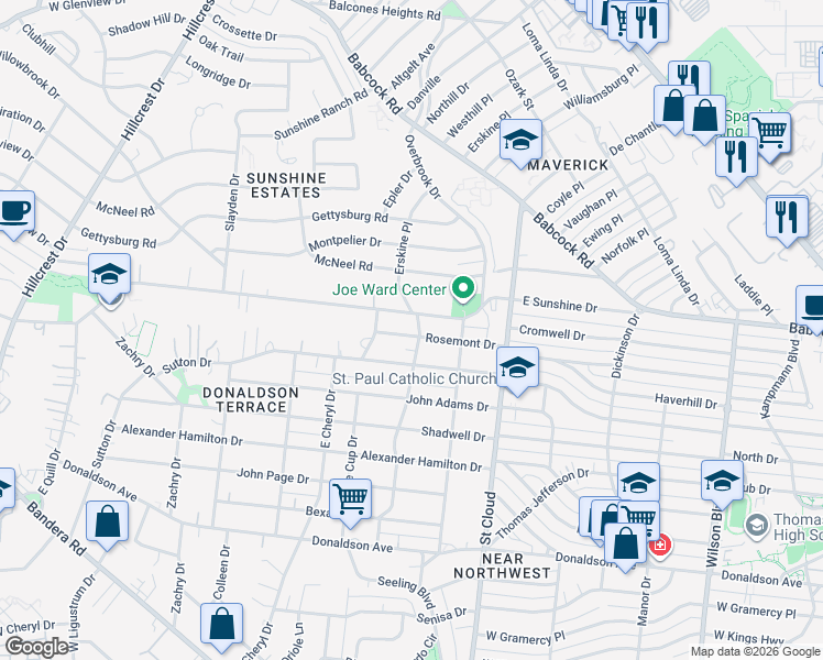 map of restaurants, bars, coffee shops, grocery stores, and more near 430 Rosemont Drive in San Antonio