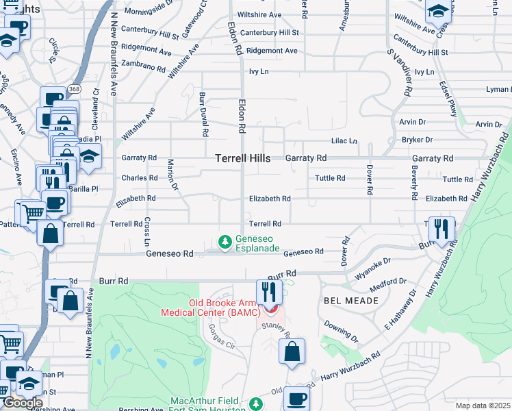 map of restaurants, bars, coffee shops, grocery stores, and more near 500 Elizabeth Road in San Antonio