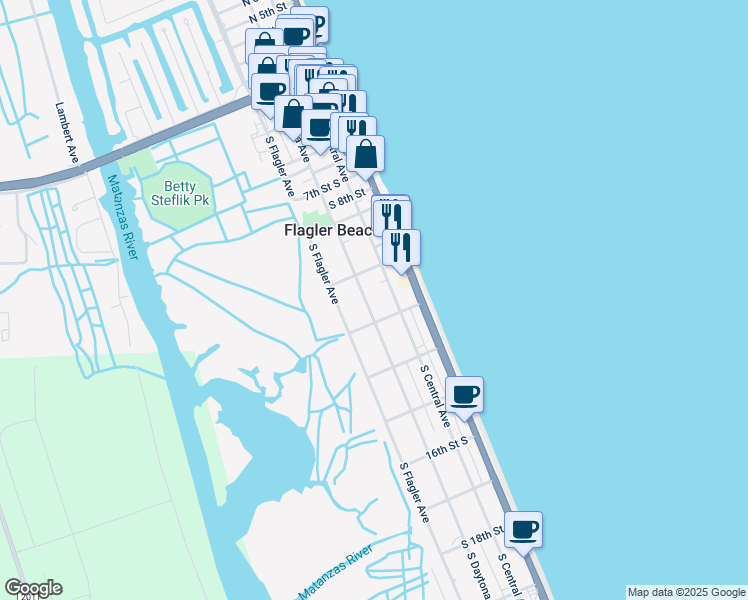 map of restaurants, bars, coffee shops, grocery stores, and more near 1219 South Daytona Avenue in Flagler Beach