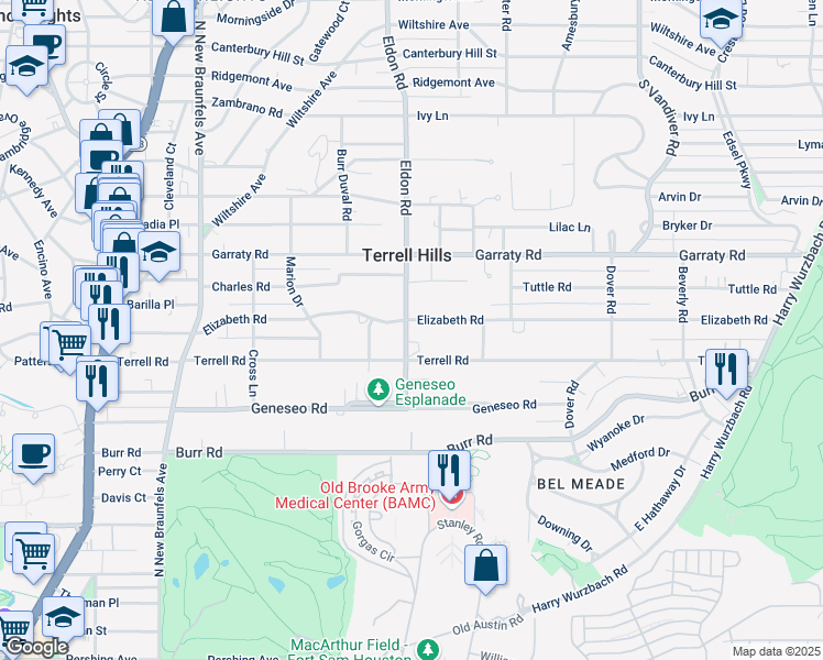 map of restaurants, bars, coffee shops, grocery stores, and more near 500 Elizabeth Road in San Antonio