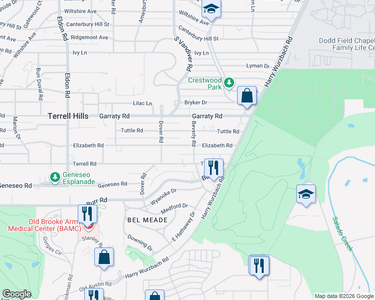 map of restaurants, bars, coffee shops, grocery stores, and more near 801 Terrell Road in San Antonio