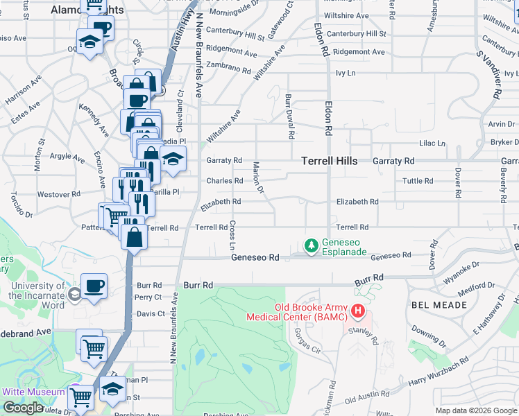 map of restaurants, bars, coffee shops, grocery stores, and more near 325 Terrell Road in San Antonio