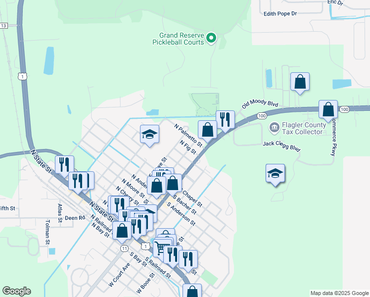 map of restaurants, bars, coffee shops, grocery stores, and more near 1100 East Lambert Street in Bunnell