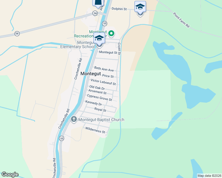 map of restaurants, bars, coffee shops, grocery stores, and more near 1101-1199 French St in Montegut