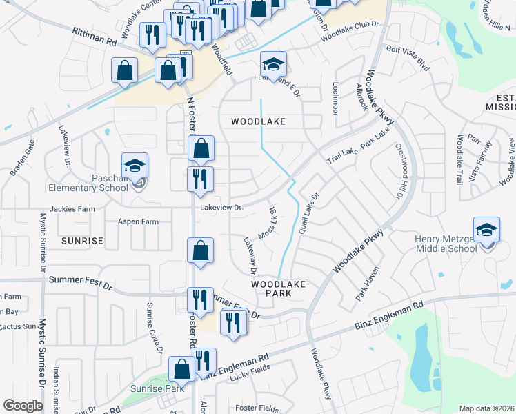 map of restaurants, bars, coffee shops, grocery stores, and more near 4707 Moss Lake in San Antonio