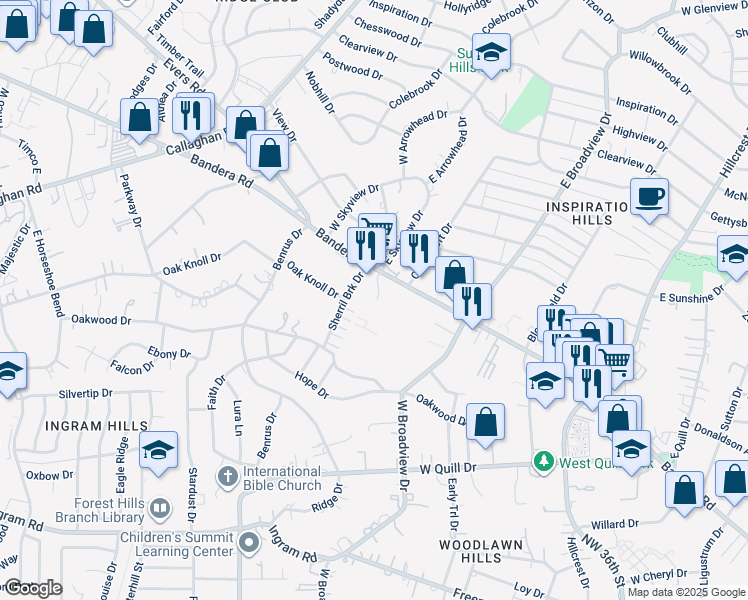 map of restaurants, bars, coffee shops, grocery stores, and more near 2011 Bandera Road in San Antonio