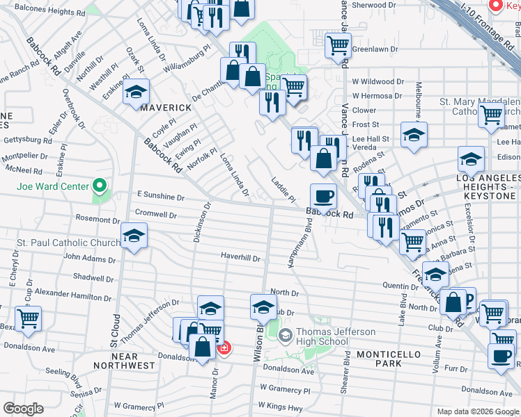 map of restaurants, bars, coffee shops, grocery stores, and more near 2617 Wilson Boulevard in San Antonio