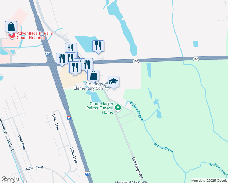 map of restaurants, bars, coffee shops, grocery stores, and more near 301 Old Kings Road South in Flagler Beach