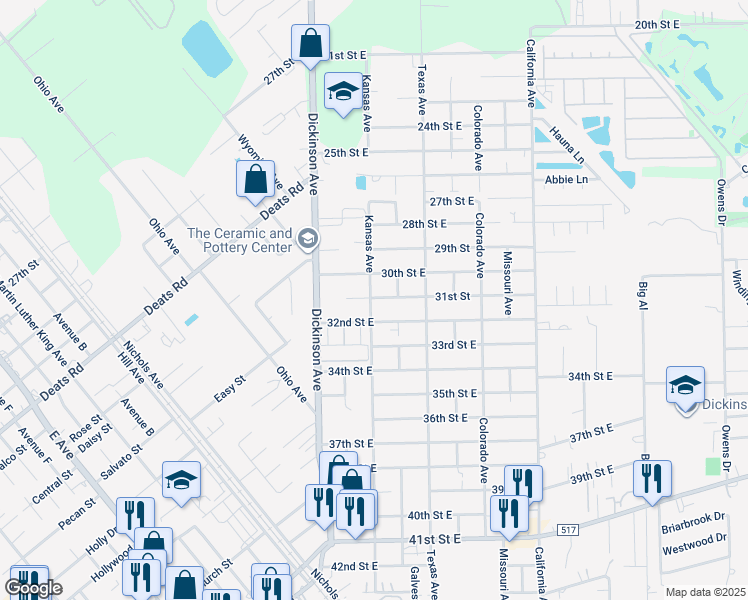 map of restaurants, bars, coffee shops, grocery stores, and more near 4405 32nd Street East in Dickinson