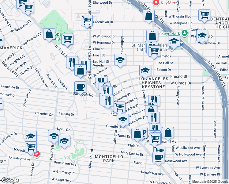 map of restaurants, bars, coffee shops, grocery stores, and more near 2310 West Olmos Drive in San Antonio