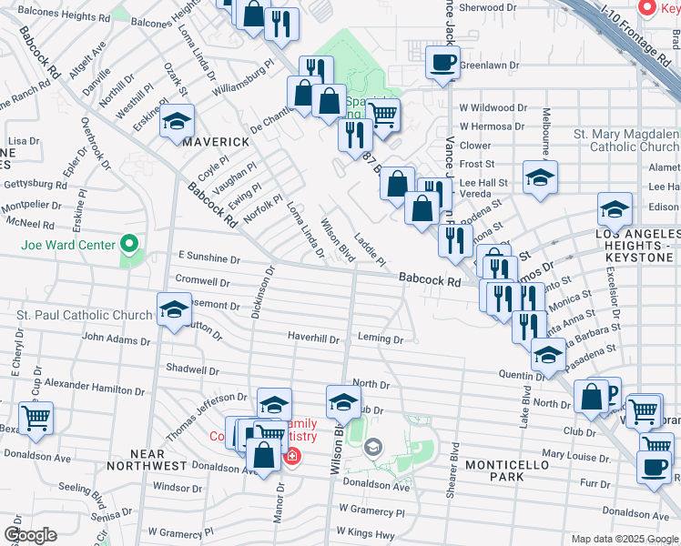 map of restaurants, bars, coffee shops, grocery stores, and more near 2617 Wilson Boulevard in San Antonio