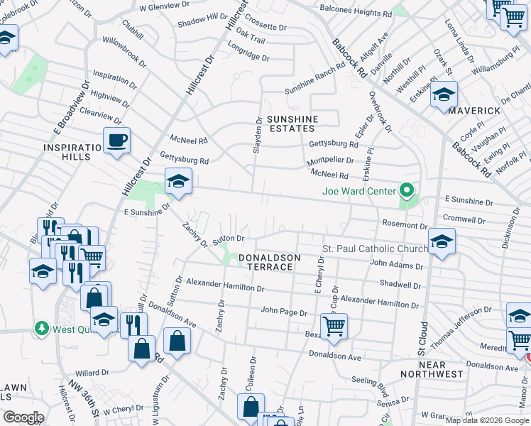 map of restaurants, bars, coffee shops, grocery stores, and more near 4215 Woodmanor Drive in San Antonio
