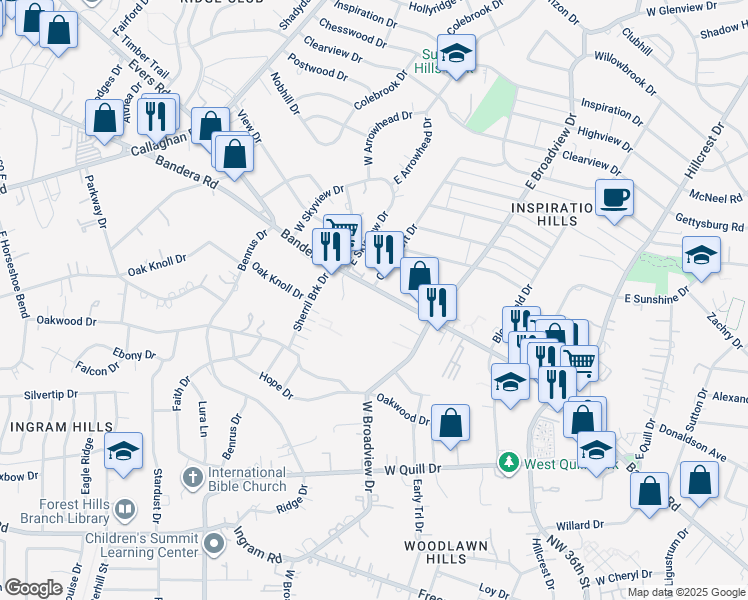 map of restaurants, bars, coffee shops, grocery stores, and more near 1955 Bandera Road in San Antonio
