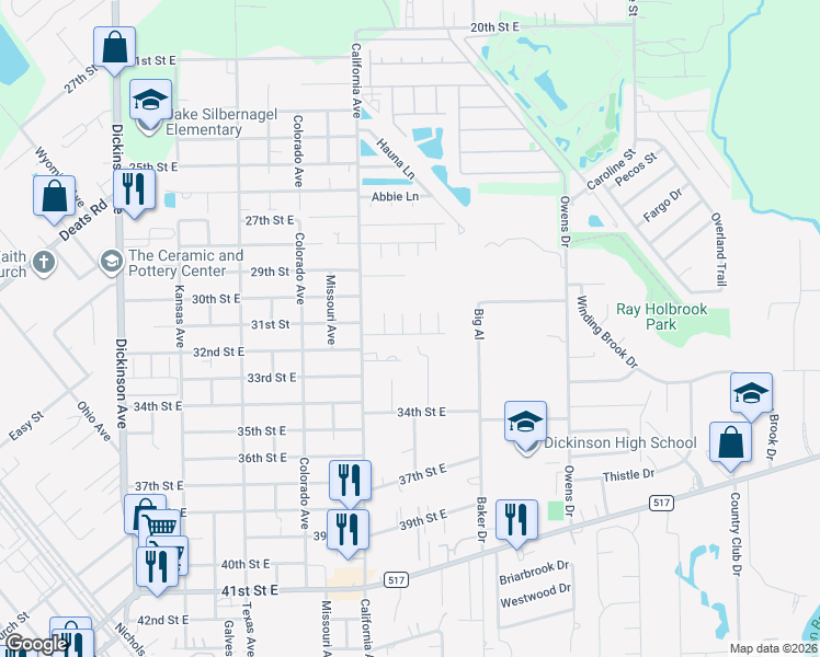 map of restaurants, bars, coffee shops, grocery stores, and more near 3101 California Avenue in Dickinson