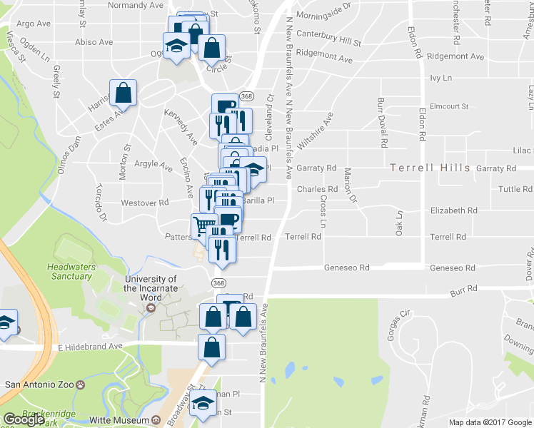 map of restaurants, bars, coffee shops, grocery stores, and more near 151 Elizabeth Road in San Antonio
