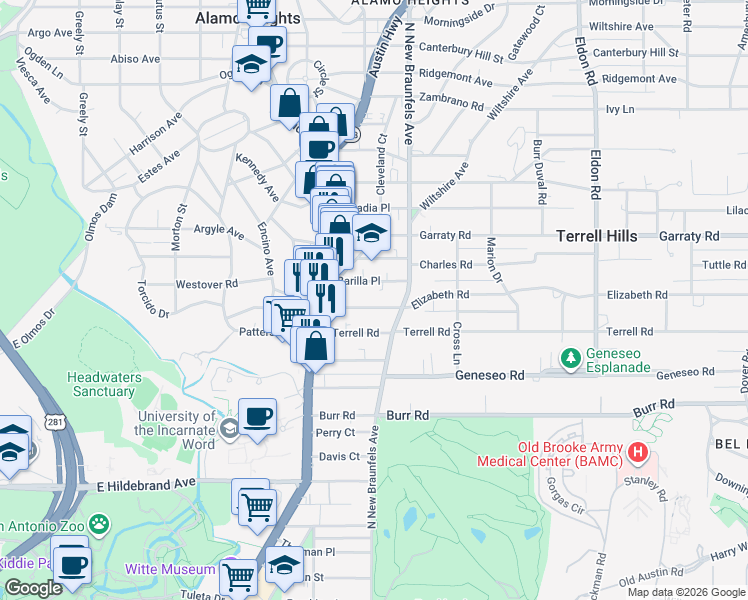 map of restaurants, bars, coffee shops, grocery stores, and more near 136 Elizabeth Road in Alamo Heights