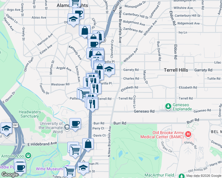 map of restaurants, bars, coffee shops, grocery stores, and more near 151 Elizabeth Road in San Antonio