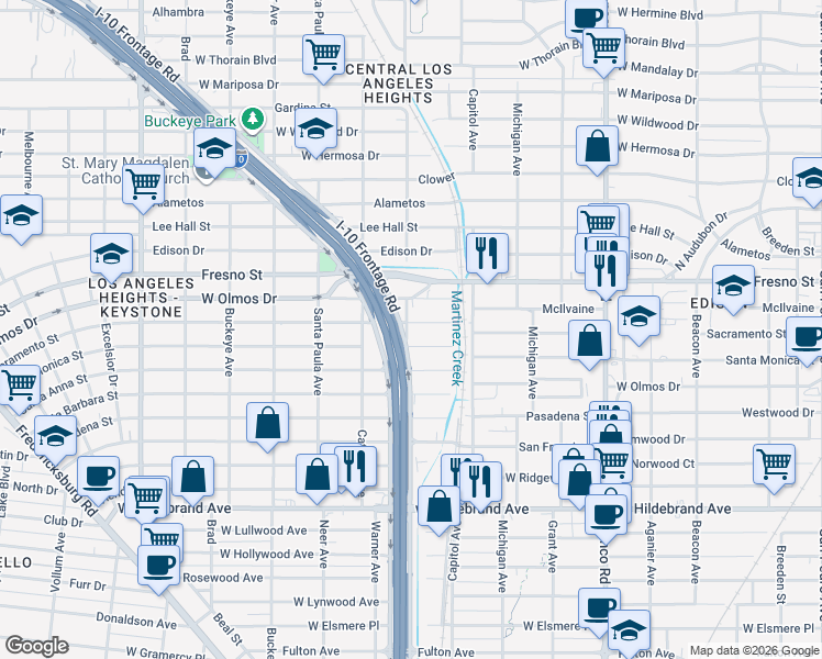 map of restaurants, bars, coffee shops, grocery stores, and more near 1245 Santa Monica Street in San Antonio