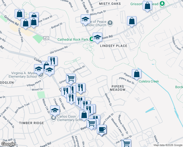 map of restaurants, bars, coffee shops, grocery stores, and more near 8030 Grissom Brook in San Antonio