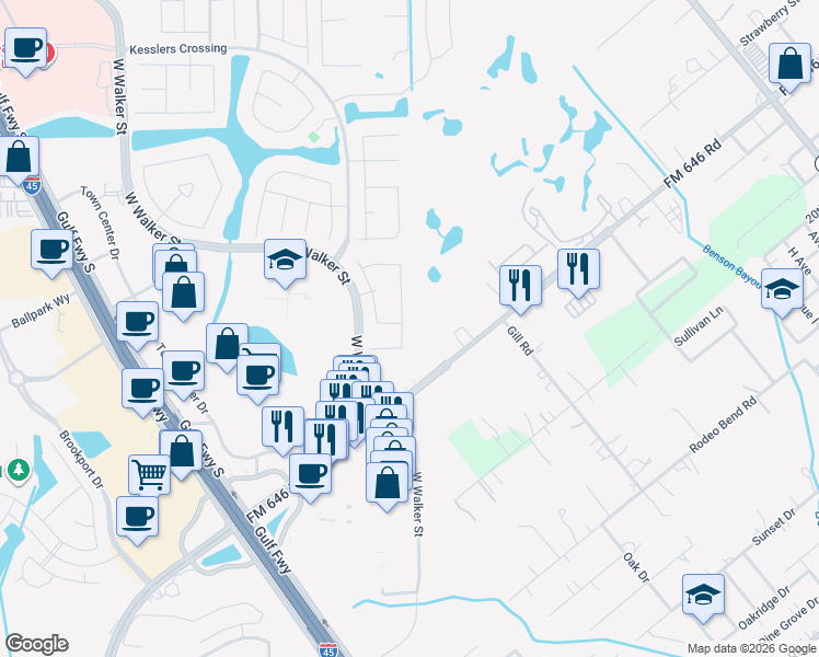 map of restaurants, bars, coffee shops, grocery stores, and more near 2808 Drywood Creek Drive in League City