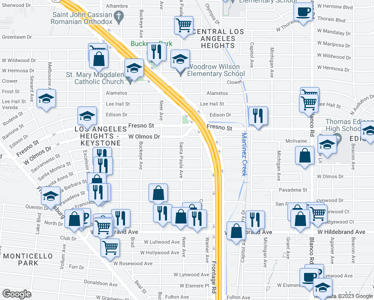 map of restaurants, bars, coffee shops, grocery stores, and more near 1425 Santa Monica in San Antonio
