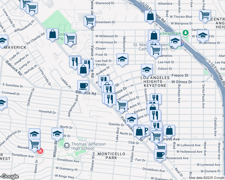 map of restaurants, bars, coffee shops, grocery stores, and more near 2310 West Olmos Drive in San Antonio