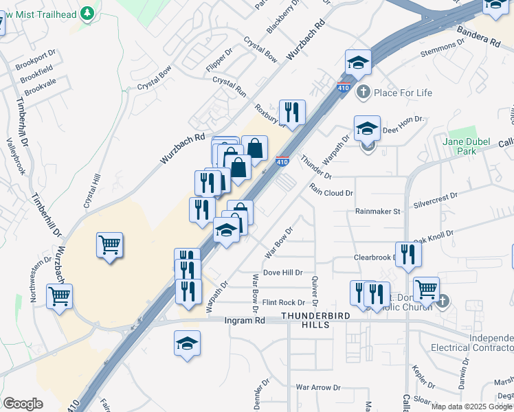 map of restaurants, bars, coffee shops, grocery stores, and more near 6100 Northwest Loop 410 in San Antonio
