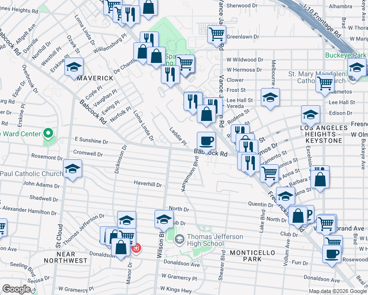map of restaurants, bars, coffee shops, grocery stores, and more near 19 Cromwell Drive in San Antonio