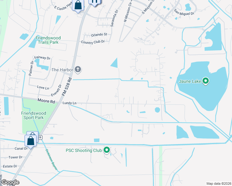 map of restaurants, bars, coffee shops, grocery stores, and more near 1917 Lundy Lane in Friendswood