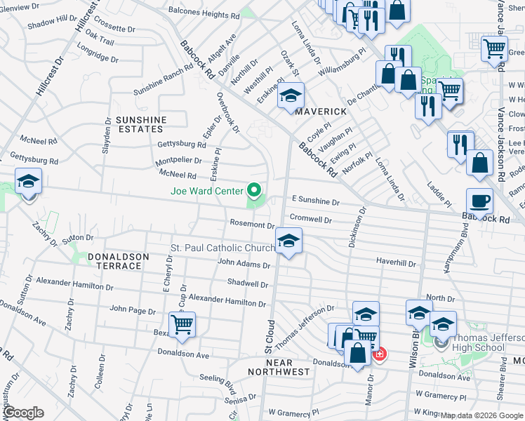 map of restaurants, bars, coffee shops, grocery stores, and more near 342 East Sunshine Drive in San Antonio