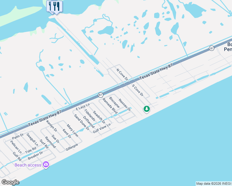 map of restaurants, bars, coffee shops, grocery stores, and more near 983 Nassau Drive in Bolivar Peninsula