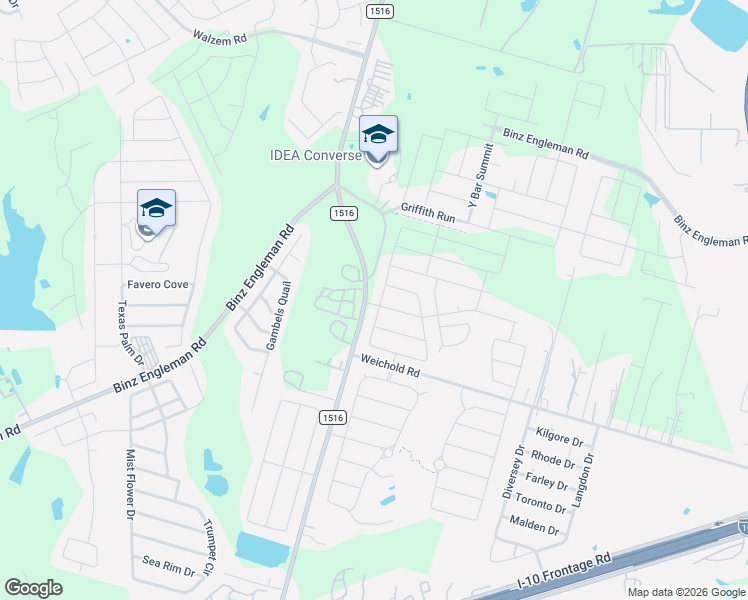 map of restaurants, bars, coffee shops, grocery stores, and more near 4601 Cambridge Park in Converse