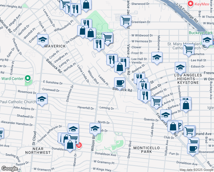map of restaurants, bars, coffee shops, grocery stores, and more near 19 Cromwell Drive in San Antonio