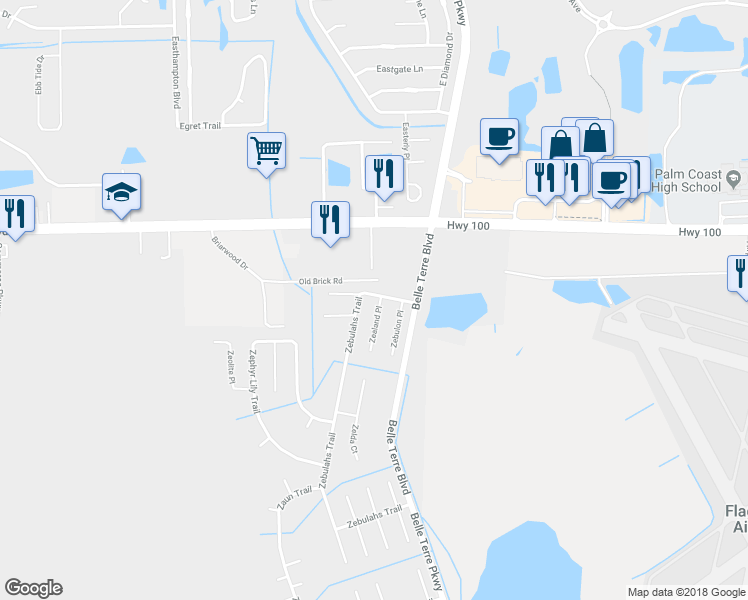 map of restaurants, bars, coffee shops, grocery stores, and more near 2 Zealand Place in Palm Coast