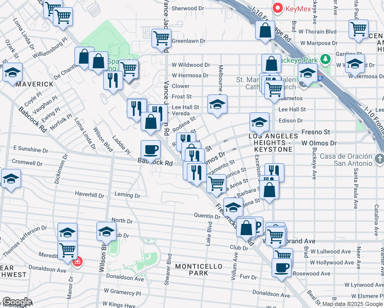 map of restaurants, bars, coffee shops, grocery stores, and more near 2307 Edison Drive in San Antonio