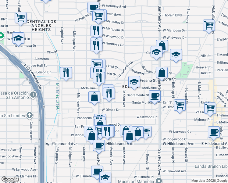 map of restaurants, bars, coffee shops, grocery stores, and more near 701 Santa Monica in San Antonio