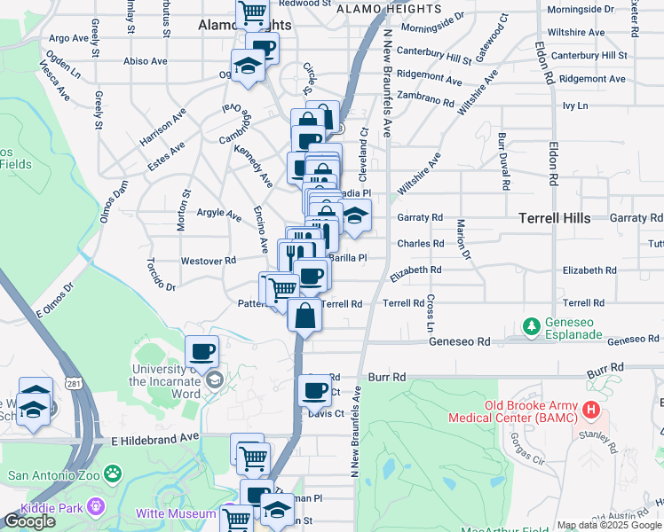 map of restaurants, bars, coffee shops, grocery stores, and more near 111 Barilla Place in Alamo Heights