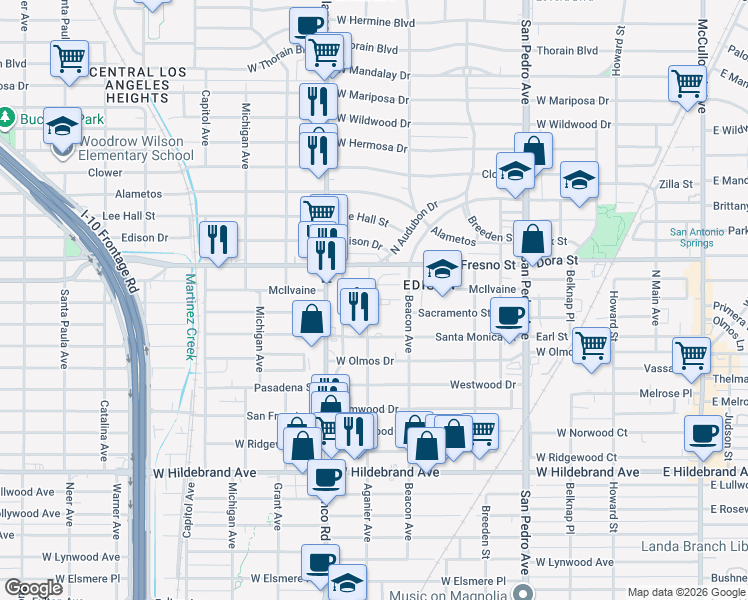 map of restaurants, bars, coffee shops, grocery stores, and more near 800-866 Fresno Dr in San Antonio
