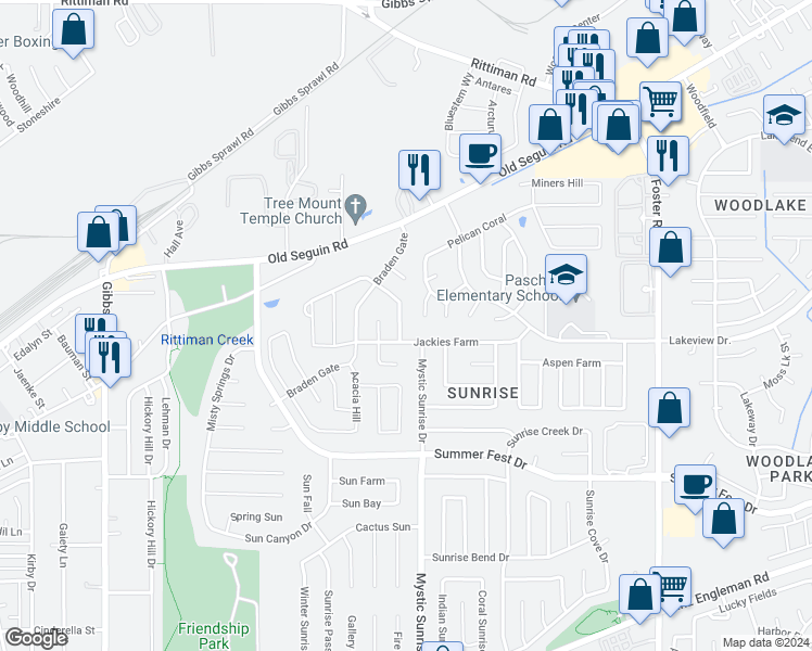 map of restaurants, bars, coffee shops, grocery stores, and more near 4914 Sunset Bluff in San Antonio