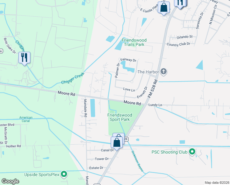 map of restaurants, bars, coffee shops, grocery stores, and more near 2872 Love Lane in Friendswood