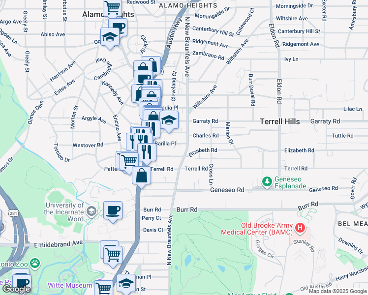 map of restaurants, bars, coffee shops, grocery stores, and more near 161 Barilla Place in Alamo Heights
